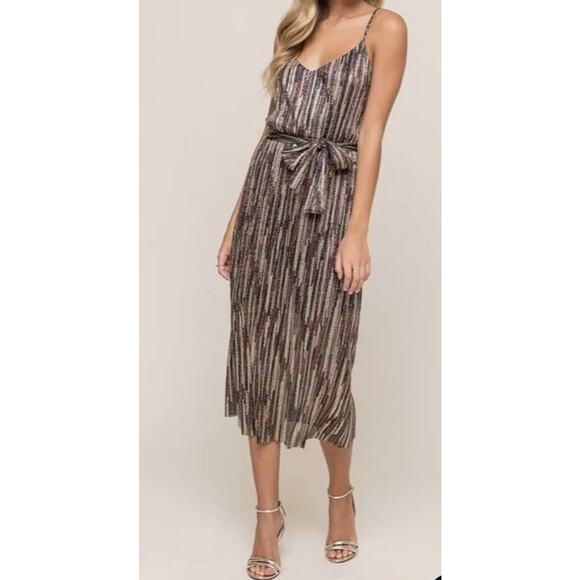 Lush Multi Colored Metallic sleeveless belted  Midi Dress Size Large - Picture 1 of 10